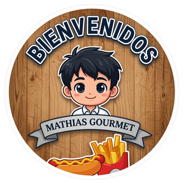 Logo de Mathias Gourmet: la mascota infantil, un perro caliente y papas fritas sobre una insignia de madera